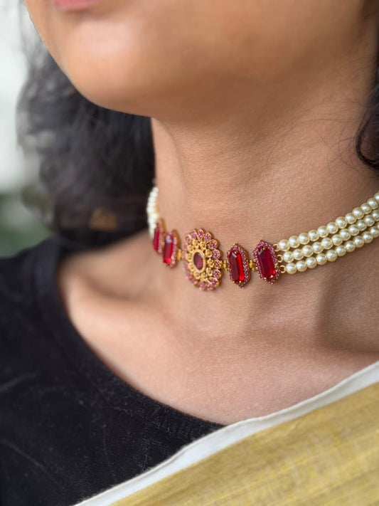 Pearl Stone Choker Necklace With Earings AN308