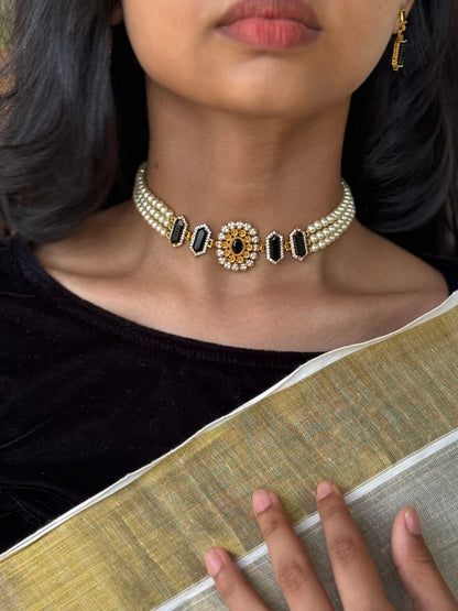 Pearl Stone Choker Necklace With Earings AN308