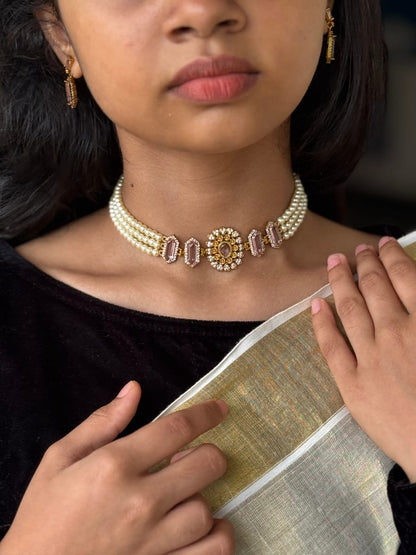 Pearl Stone Choker Necklace With Earings AN308