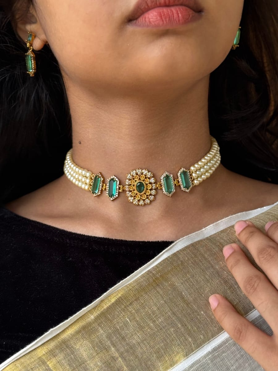 Pearl Stone Choker Necklace With Earings AN308